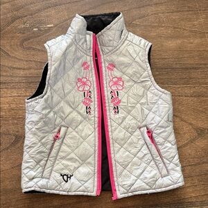 Girls Silver Quilted Vest with Pink Trim and Floral Embroidery